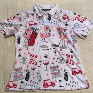 Women’s funny golf shirt. Flamingo, wine